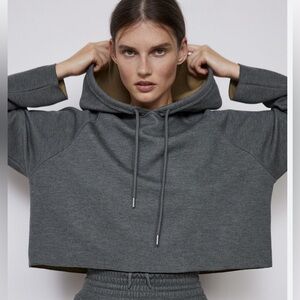 Zara Cropped Hoodie Grey/Tan SZ M